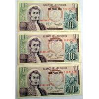 Billetes De Colombia 10 Pesos Oro  Tres Consecutivos ( P87, usado segunda mano  Colombia 